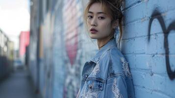 A laceembroidered denim jacket adding a touch of femininity to a classic and edgy street style photo