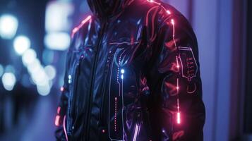 un chaqueta con incorporado LED luces y un pantalla táctil panel permitiendo para interminable personalización y personalización en un pulcro y futurista camino foto