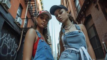 The vibrant energy of a block party is the perfect setting for this hip hop fashion featuring jersey overalls over a crop top chunky white sneakers and a baseball cap wor photo