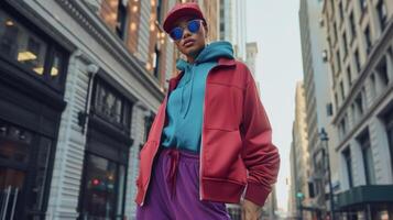 A stylish bomber jacket in a rich vibrant color paired with a cozy fleecelined hoodie and joggers. This outfit is perfect for a day spent running errands in a bustling cit photo