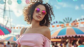 Stay cool and stylish on a summer day in this pastel pink top paired with highwaisted denim shorts. Perfect for a music festival photo