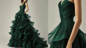 An elegant emerald green gown with a cascading asymmetrical hemline perfect for a gl red carpet event photo