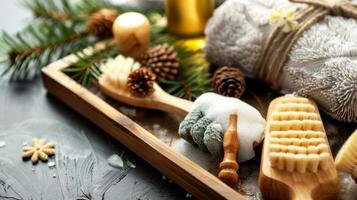 A wooden tray filled with various spa tools such as a facial roller body brush and exfoliating gloves for a full pampering experience photo