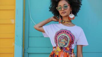 A playful and quirky look with a graphic tshirt featuring a fun slogan paired with a colorful midi skirt and statement earrings photo