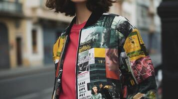 A 3D printed bomber jacket with a personalized collage design featuring the wearers favorite memories. This nostalgic look is perfect for a day of exploring a vibrant eclecti photo