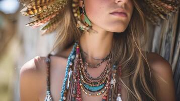 A bohochic look with a combination of beaded and feathered necklaces in earthy tones perfect for a music festival photo