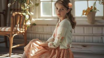 A sweet and feminine ensemble with a full circle skirt pastel cardigan and a flower in the hair photo