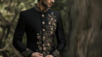 A sleek fitted black suit with intricate embroidery inspired by Indian textiles. This look is both professional and culturally rich photo