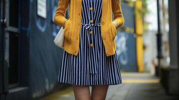 Show off your preppy side with a navy blue and white striped dress layered with a bright yellow cardigan and finished with classic white sneakers. Perfect for a day out wit photo