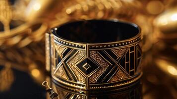 A bold and intricate cuff bracelet with geometric motifs and glossy finishes reflecting the luxurious and ornate style of Art Deco architecture photo