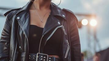 A black denim jumpsuit paired with a studded belt and chunky ankle boots finished with a leather moto jacket and silver hoop earrings. Background A casual outdoor concer photo