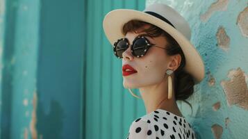 A vintageinspired look featuring a highwaisted polka dot cateye sungles and a widebrimmed hat photo