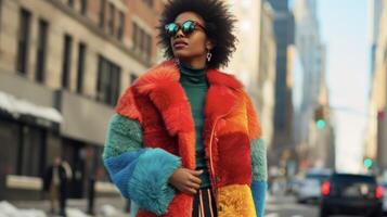 Showcase your fashionforward style in a colorblocked faux fur coat in bold shades of red blue and green. The backdrop of a bustling city street enhances the boldness and confidenc photo