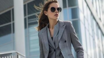 A sleek and professional monochromatic outfit in shades of charcoal grey perfect for a business meeting photo