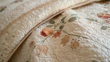 A meticulously handquilted coverlet featuring a delicate and intricate floral design photo