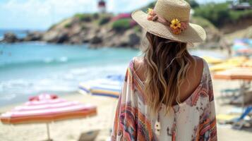 Surfer Chic Romance Flowy coverup over a finished off with a widebrimmed straw hat. A dreamy look for a sunset cruise or a romantic walk along the beach. Background A seclude photo