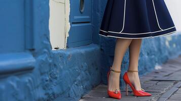 For a more formal look a navy blue fit and flare dress with white piping and gold anchor buttons paired with red kitten heels is a sophisticated nod to nautical style photo