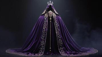 A flowing cape made of deep purple satin embellished with velvet t and embroidered with a crest emblem. Matched with a statement tiara and held together with a regal scepter photo
