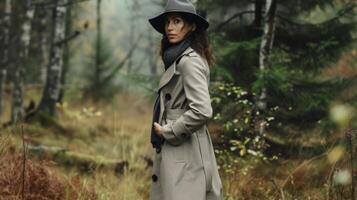A versatile and timeless trench coat made from sustainable wool perfect for a rainy day stroll through a natural forest photo