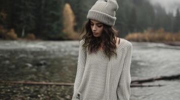 A cozy oversized sweater dress paired with kneehigh boots and a beanie for a casual yet stylish look photo