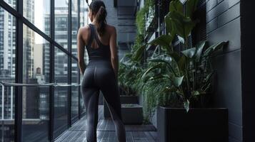 A trendy jumpsuit with 3D printed mesh panels allowing for optimal ventilation during a workout session in a busy urban gym photo
