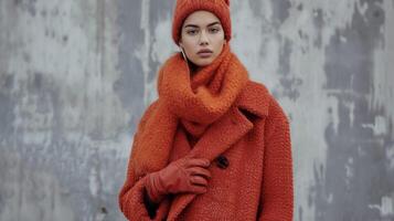un Linea larga de punto Saco en un negrita color emparejado con un cachemira bufanda y cuero guantes para un lujoso invierno Mira foto