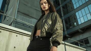 A unique and edgy bomber jacket with an offcenter zipper and an asymmetrical cropped hem perfect for a night out at a rooftop bar photo