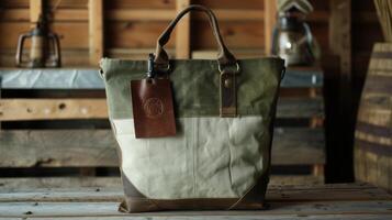 un elegante totalizador bolso hecho desde reciclado lona y reutilizado cuero Perfecto para un día de compras a un agricultores mercado en un encantador pequeño pueblo foto