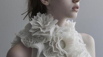 Blurring the lines between technology and nature this 3D printed top is made with a material that mimics the textures of plants and flowers creating a captivating and uniqu photo