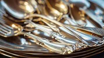 A set of tarnished heirloom silverware brought back to its gleaming shine through a meticulous cleaning and polishing process photo