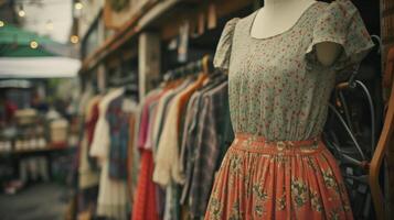 A vintageinspired dress made from repurposed vintage fabrics perfect for browsing through a farmers market in a bustling urban neighborhood photo