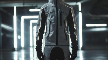 Hightech sportswear A sleek and streamlined tracksuit in a moisturewicking fabric designed for optimal performance and style perfect for a futuristic sports complex photo