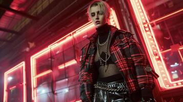 A plaid puffer jacket paired with a mesh turtleneck and leather pants accessorized with silver chains and studded boots. This look is a modern and elevated take on traditiona photo