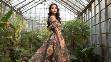 This stunning offtheshoulder dress features a mix of intricate floral and botanical patterns in muted tones creating a refined and artistic look. The model stands agains photo