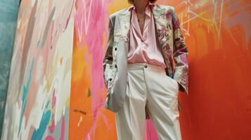Add a touch of playfulness to your genderfluid look with a light grey blazer featuring a colorful abstract print paired with tailored white trousers and a light pink sati photo