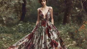 This jawdropping floorlength gown features an intricate floral and botanical print in shades of green and burgundy evoking a sense of enchantment and mystery. With its flow photo