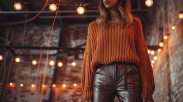 A chunky knit sweater in a warm orange tone paired with faux leather pants and metallic silver loafers. The background is an industrial setting with exposed brick walls an photo