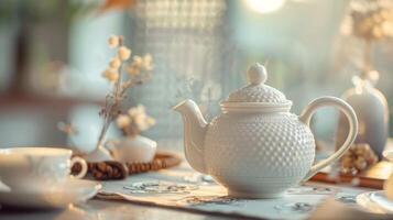un delicado porcelana tetera con intrincado detalles toma centrar etapa como el estrella de un pacífico té ritual foto