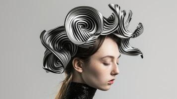 A futuristic high fashion headpiece created entirely from 3D printing resembling a swirling cloudlike structure in metallic hues photo