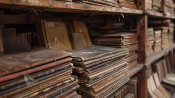 A shelf full of weathered and beautifully aged record sleeves showcasing a treasured collection photo