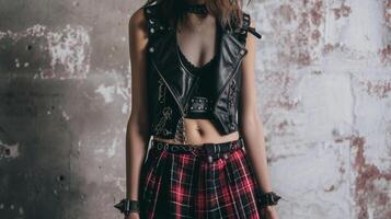 A cropped leather vest with safety pin details worn over a mesh top and paired with a tartan midi skirt. This look is a sophisticated take on punk fashion perfect for a nigh photo