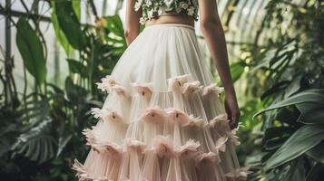 A romantic and feminine dress featuring 3D printed floral details and a flowy skirt made from sustainable materials. The dreamy and ecoconscious design would be perfect fo photo