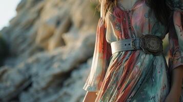 A flowy bohemian maxi dress with a 3D printed belt made to match the wearers measurements. The unique print of the fabric and personalized touch make this the ideal outfi photo