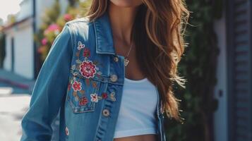For a more casual yet chic look a denim jacket with dainty floral embroidery adds a pop of color and personality to an otherwise simple outfit. Paired with a white tee an photo