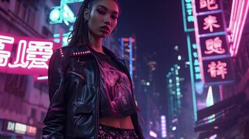 A leather jacket with neon light trims worn over a digital print tshirt and holographic leggings. The background is a bustling futuristic cityscape at night photo