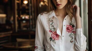 un clásico blanco abotonar camisa refrescado con pintado a mano floral patrones y intrincado cordón inserta Perfecto para un romántico fecha noche fuera foto
