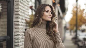 A ribbed knit midi dress with a high neckline and statement sleeves perfect for a winter date night photo