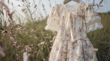 un delicado y femenino Mira presentando un floral Picardias vestir con cordón detallado y un cinta atado en un arco Perfecto para un romántico picnic en un prado foto