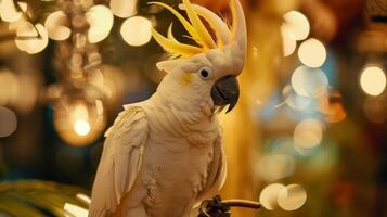 un cacatúa encaramado en un estar consiguiendo sus plumas esponjoso y estilizado para un noche fuera en el pueblo foto