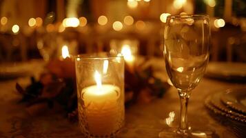 The flickering light of scented candles illuminates the room casting a warm glow over the elegant table setting photo